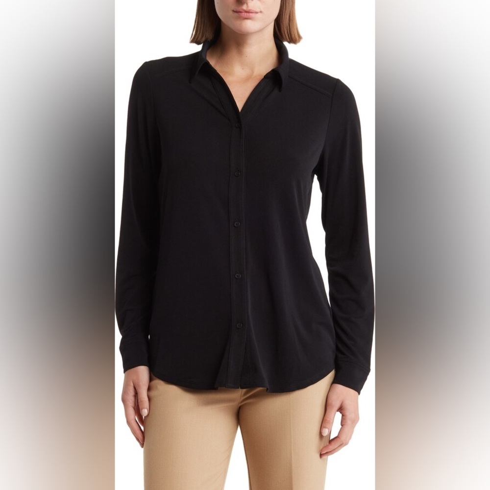 ‼️❤️50% Adrianna Papell Stretch Knit Navy Blue Button-Up Top